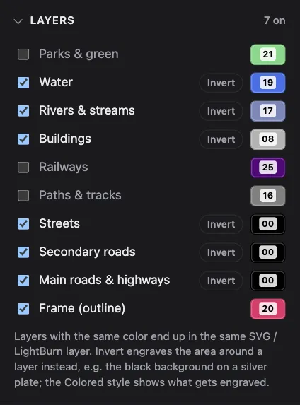 The layer list with checkboxes for water, rivers, buildings, railways, paths, streets, roads and frame, each with a LightBurn color number