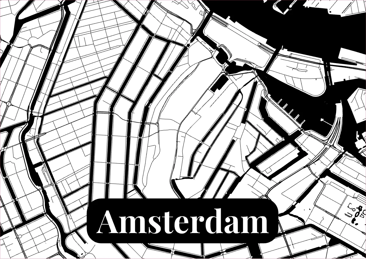 The exported SVG of Amsterdam: black streets and water on white with the city name cut out of a black rounded label