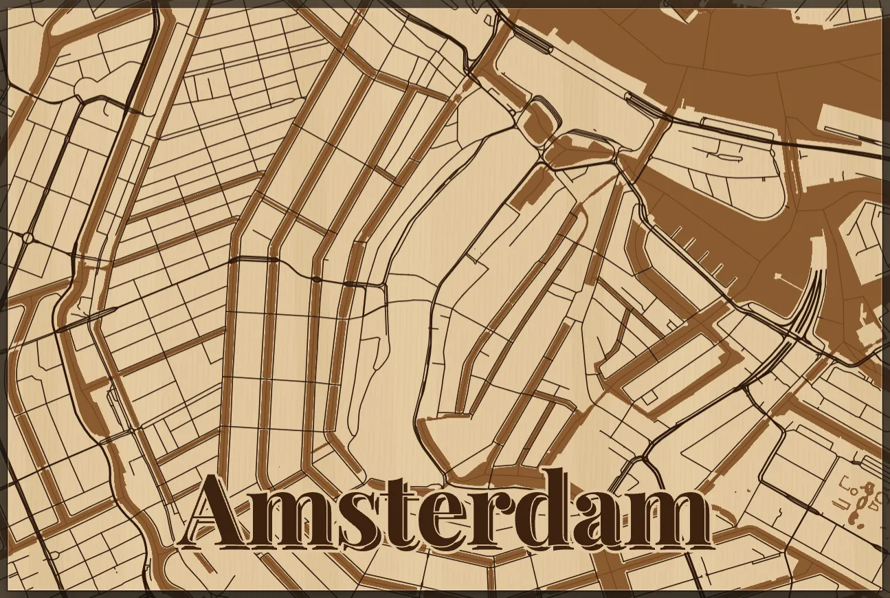 A map of Amsterdam engraved on plywood with the word Amsterdam in a serif font with a drop shadow; the map is cleared around the letters