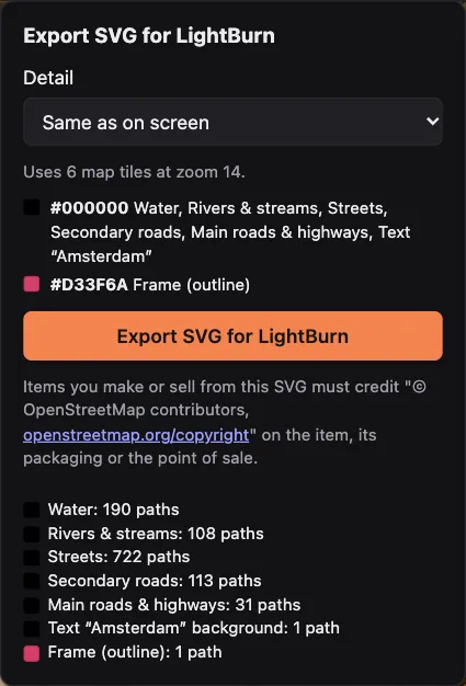 The export panel with the detail level, the list of colors and the export button