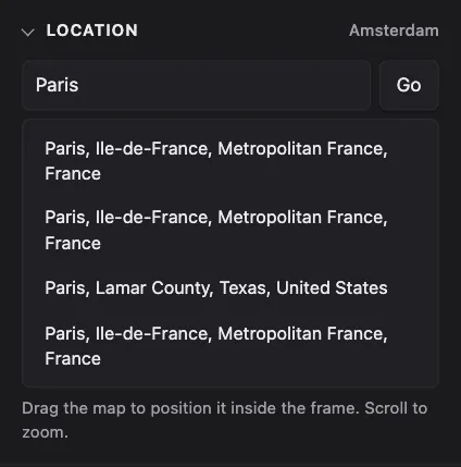 Searching for Paris in LaserMap shows a list of matching places