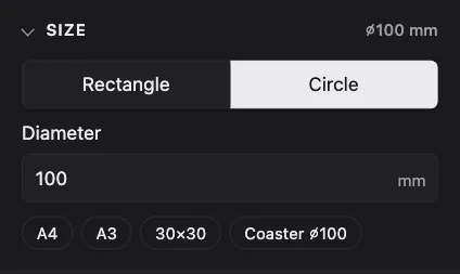 The size panel with rectangle and circle options, width and height in mm and presets