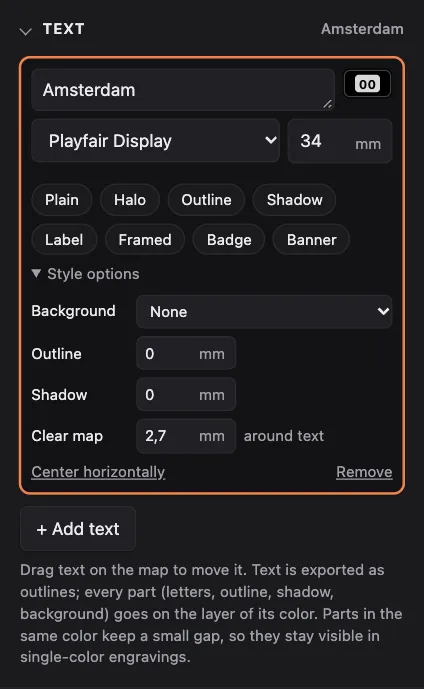 The text panel with font, size, style presets and style options