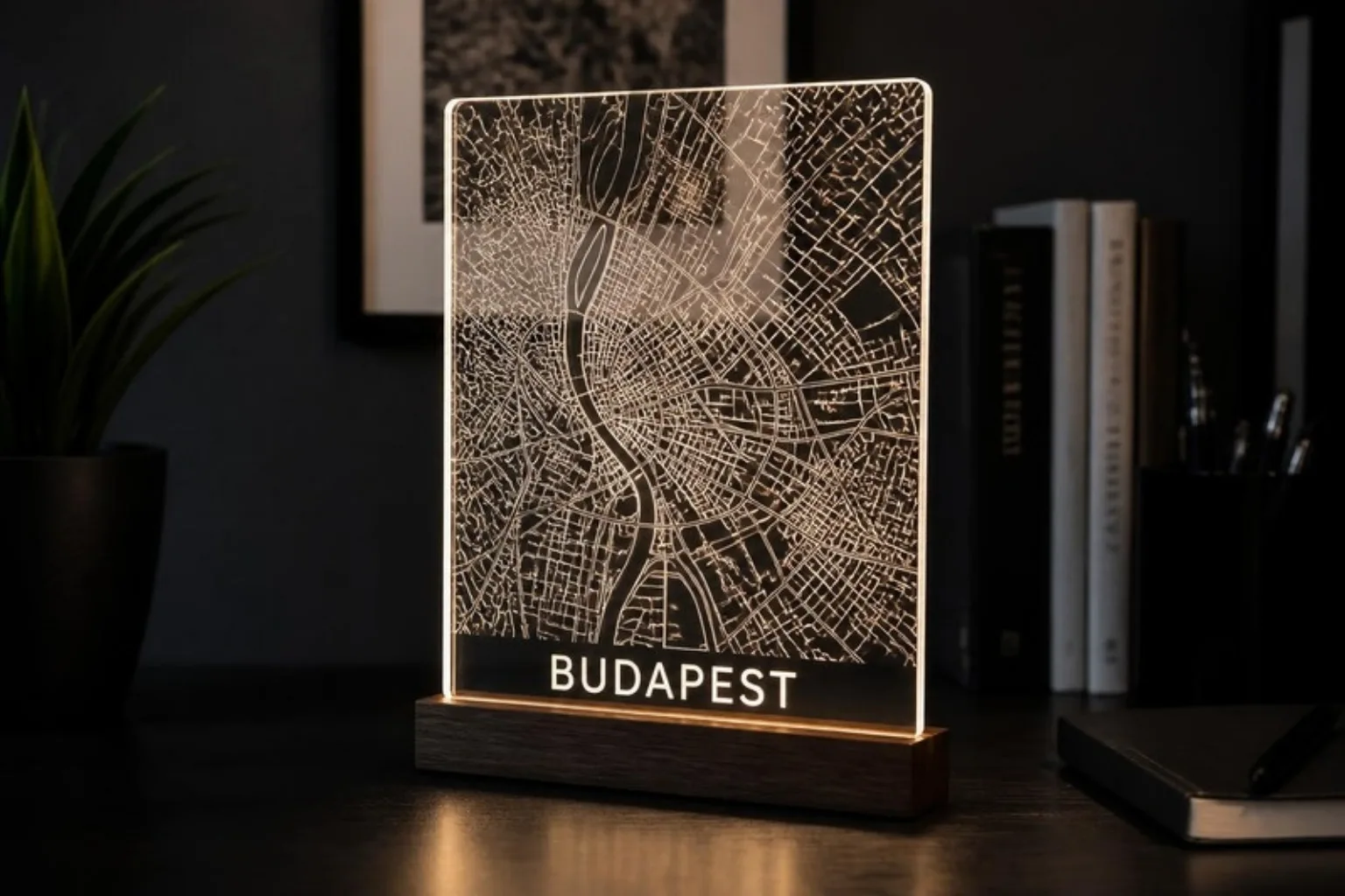 City map of Budapest engraved in a clear acrylic sheet standing in a wooden base with an LED edge light, the streets glowing white
