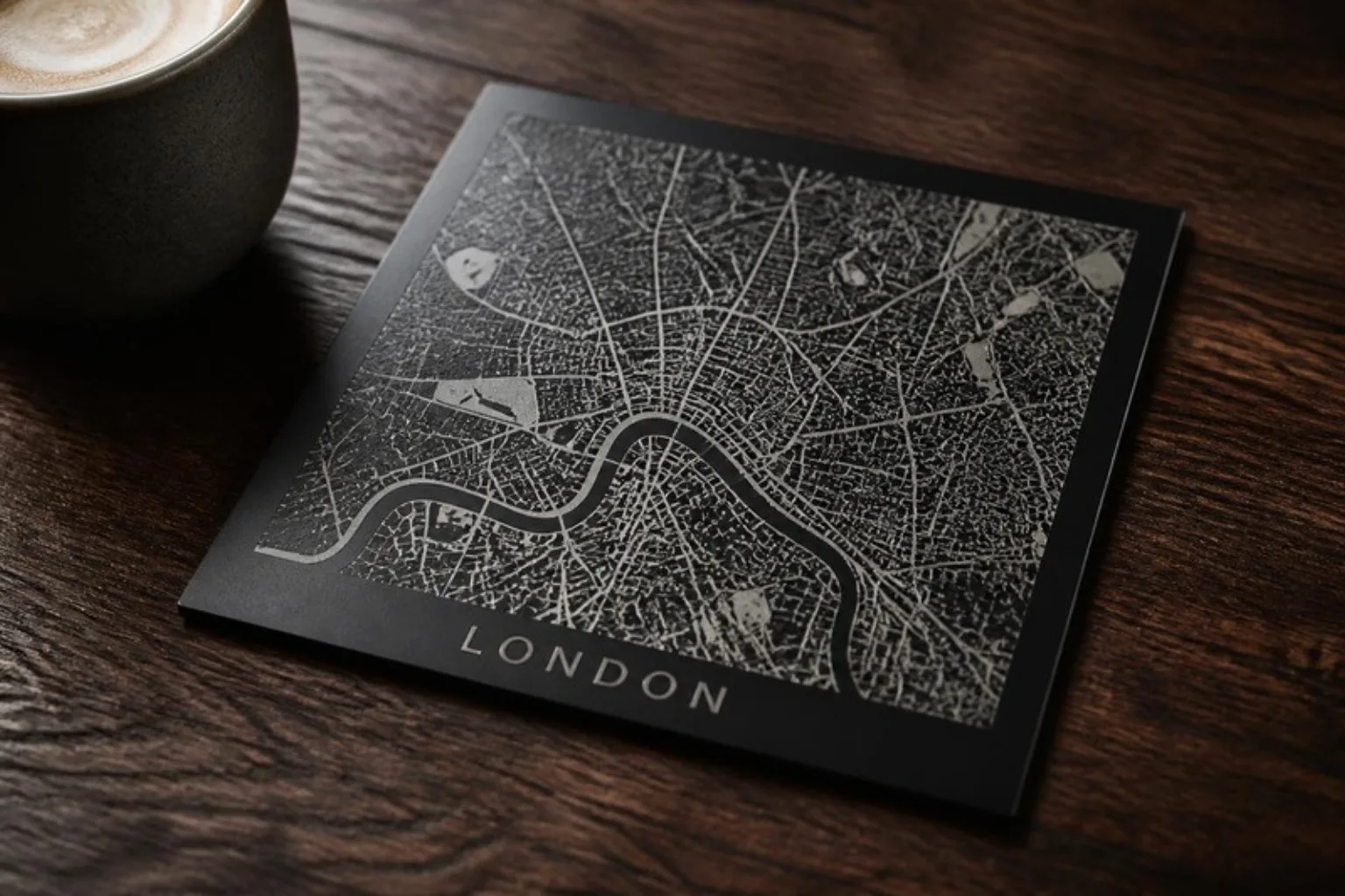City map of London engraved in silver on a matte black metal plate lying on a walnut table