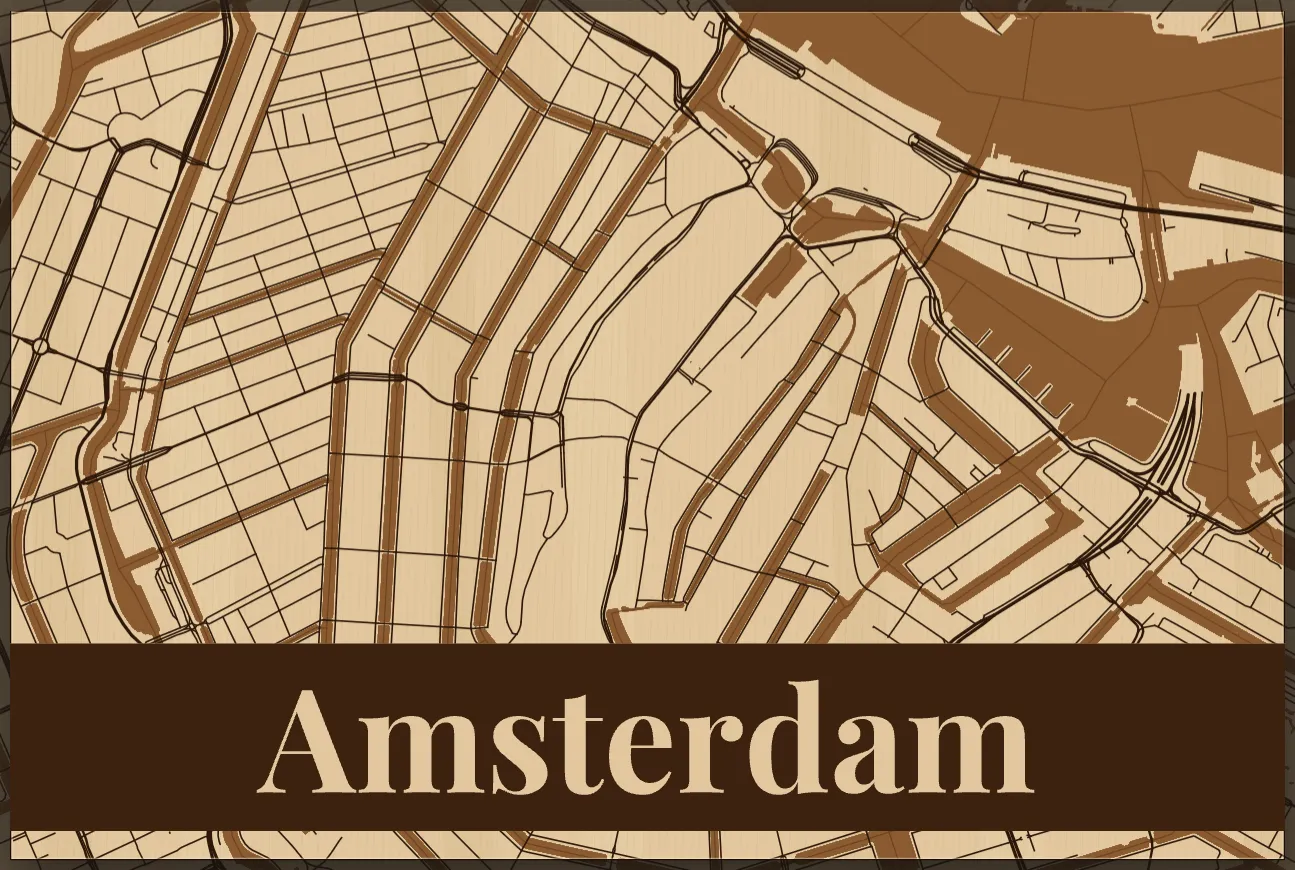 Map with the text Amsterdam cut out of an engraved band across the map (Banner style)