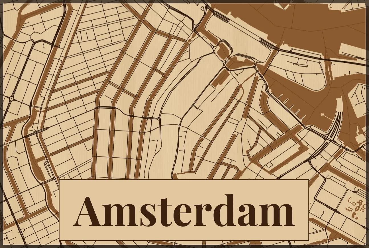Map with the text Amsterdam in a cleared box with a thin border (Framed style)